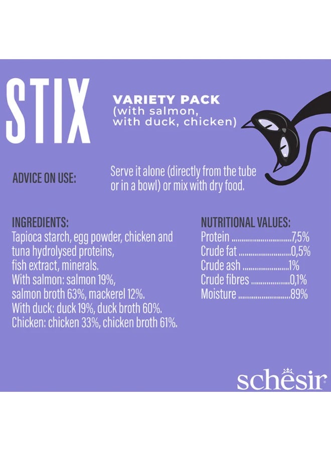 شيسر شيزر (Schesir) ستيكس مكافآت كريمية للقطط عبوة متنوعة – سناك سائل خالي من الحبوب للقطط البالغة – 3 نكهات: دجاج، سلمون، وبط – 90 جم (6 قطع × 15 جم) - Image 3